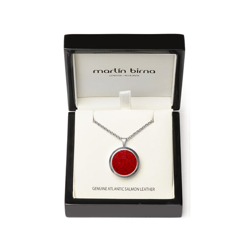 Atlantic Salmon Leather Pendant Silver-Tone ▪ Red - Marlín Birna Ltd.