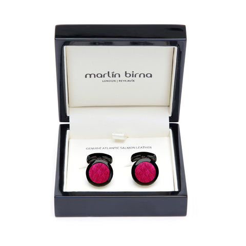 Atlantic Salmon Leather Cufflinks Black-Tone ▪ Fuchsia - Marlín Birna Ltd. 
