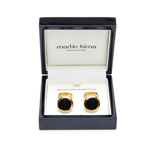 Atlantic Salmon Leather Cufflinks Gold-Tone ▪ Black - Marlín Birna Ltd. 