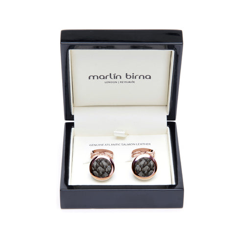 Atlantic Salmon Leather Cufflinks Rose Gold-Tone ▪ Grey - Marlín Birna Ltd. 