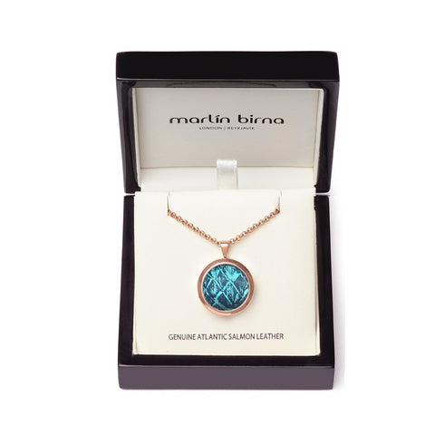 Atlantic Salmon Leather Pendant Rose Gold-Tone ▪ Blue/Blue Metallic - Marlín Birna Ltd. 